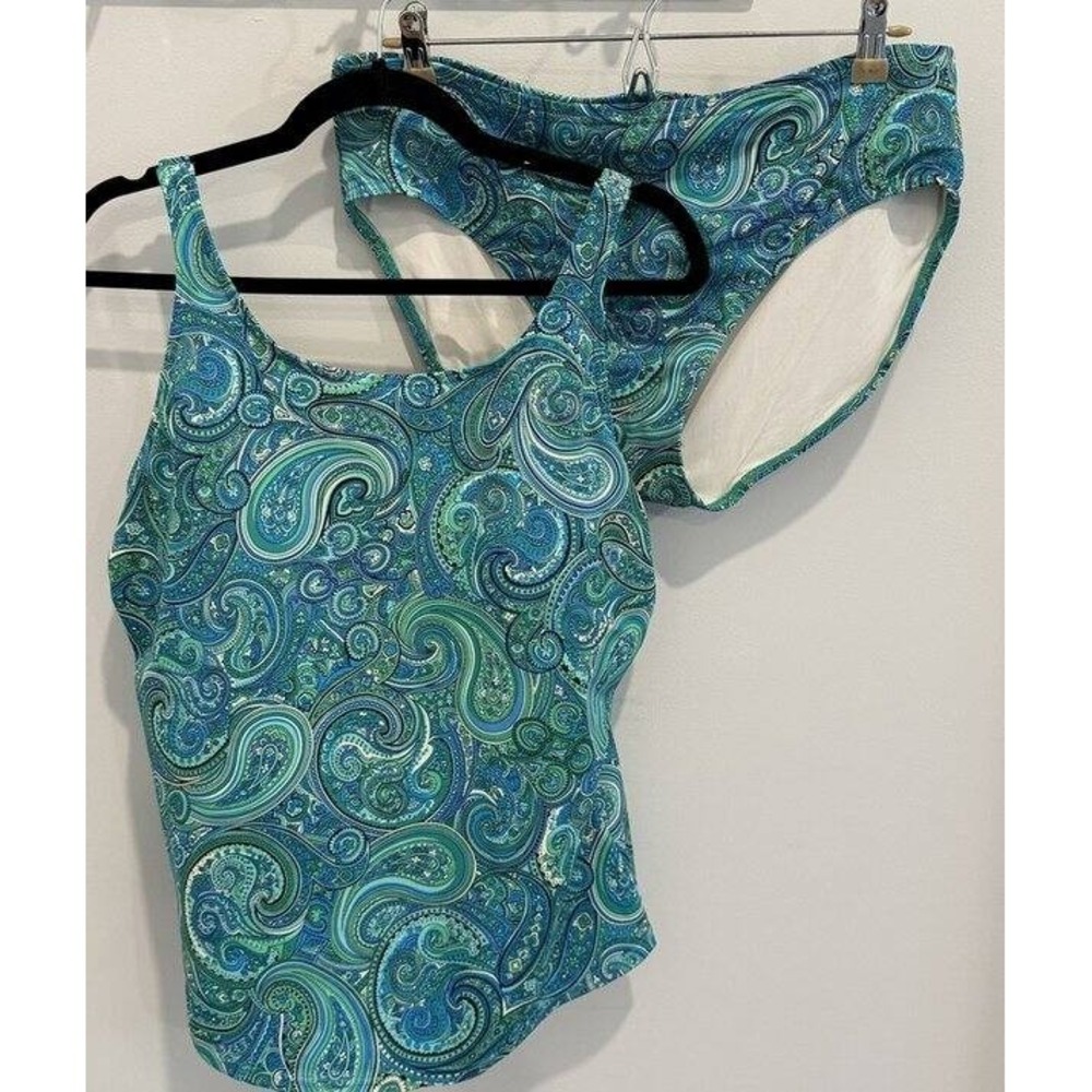 Lands End Green Blue Paisley Print 2 Piece Swimsuit Tankini and Bottoms Size 16